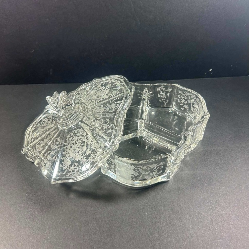 Fostoria Candy Dish Clear Chintz Etched Glass Divided Lidded Grandmacore